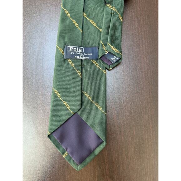 Polo Ralph Lauren VTG Silk Tie Green Gold Chain Link Pattern Hand made Nordstrom - Picture 2 of 6